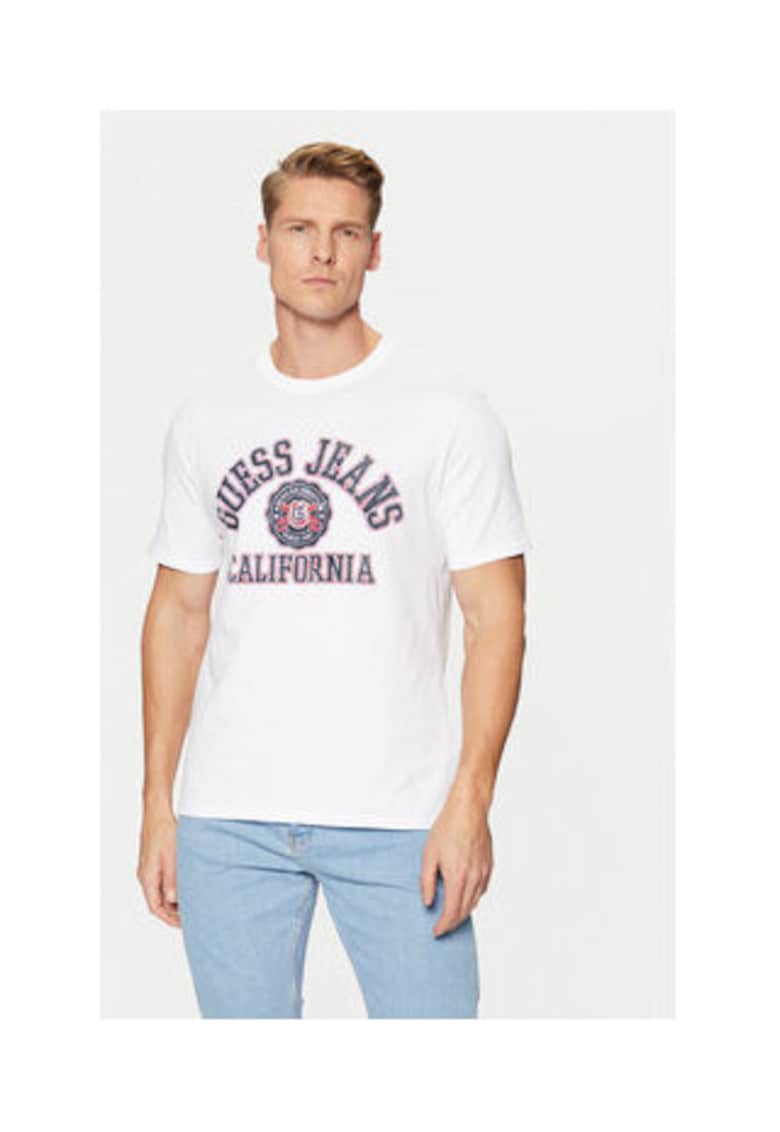 Tricou cu imprimeu pe piept si decolteu la baza-gatului - Alb
