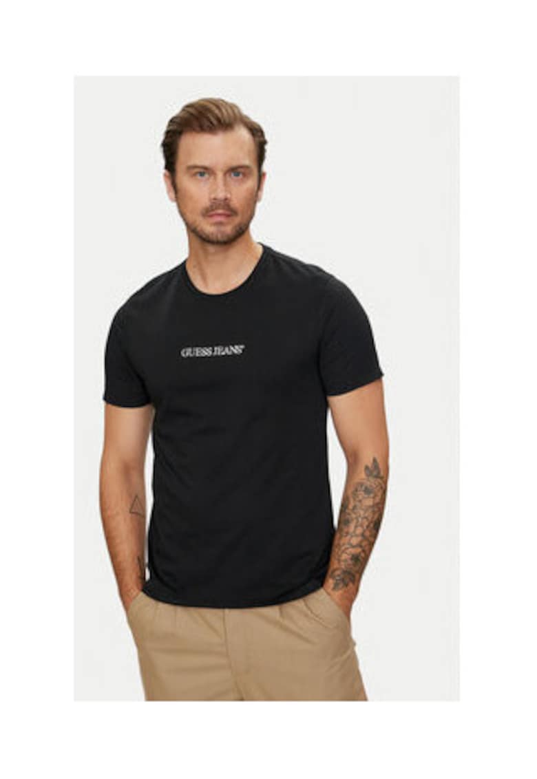 Guess Jeans Tricou din bumbac organic si decolteu la baza gatului -