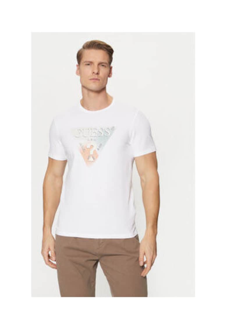 Guess Tricou din amestec de bumbac cu imprimeu logo - Alb