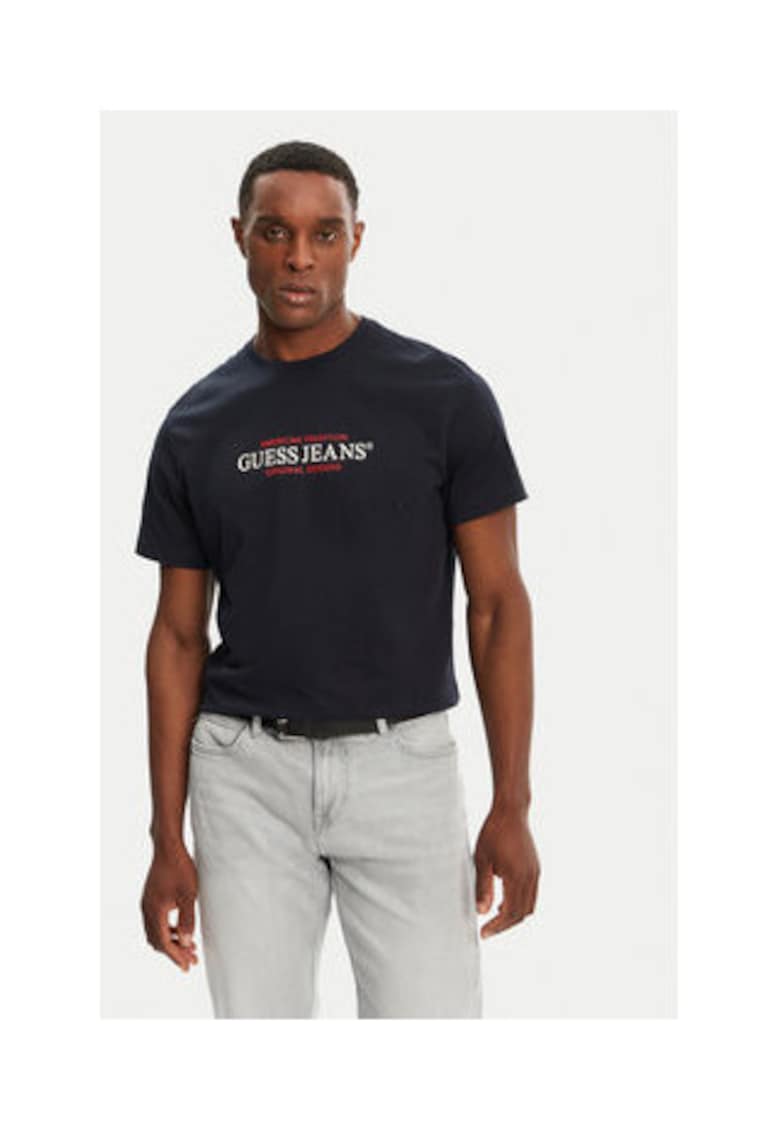 Tricou din bumbac cu logo pe piept - Bleumarin