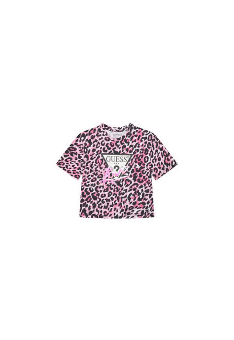 Tricou din amestec de bumbac organic cu decolteu la baza gatui si model animal print