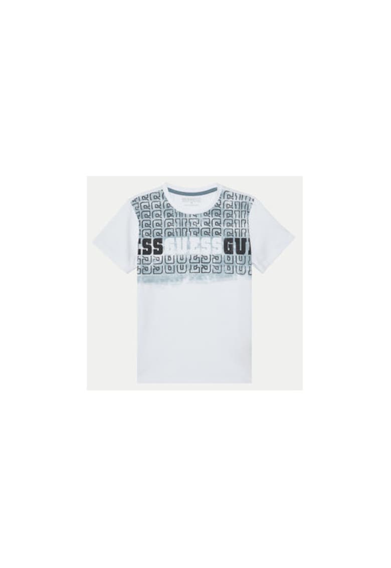 Tricou bumbac cu imprimeu logo si decolteu la baza gatului - Alb