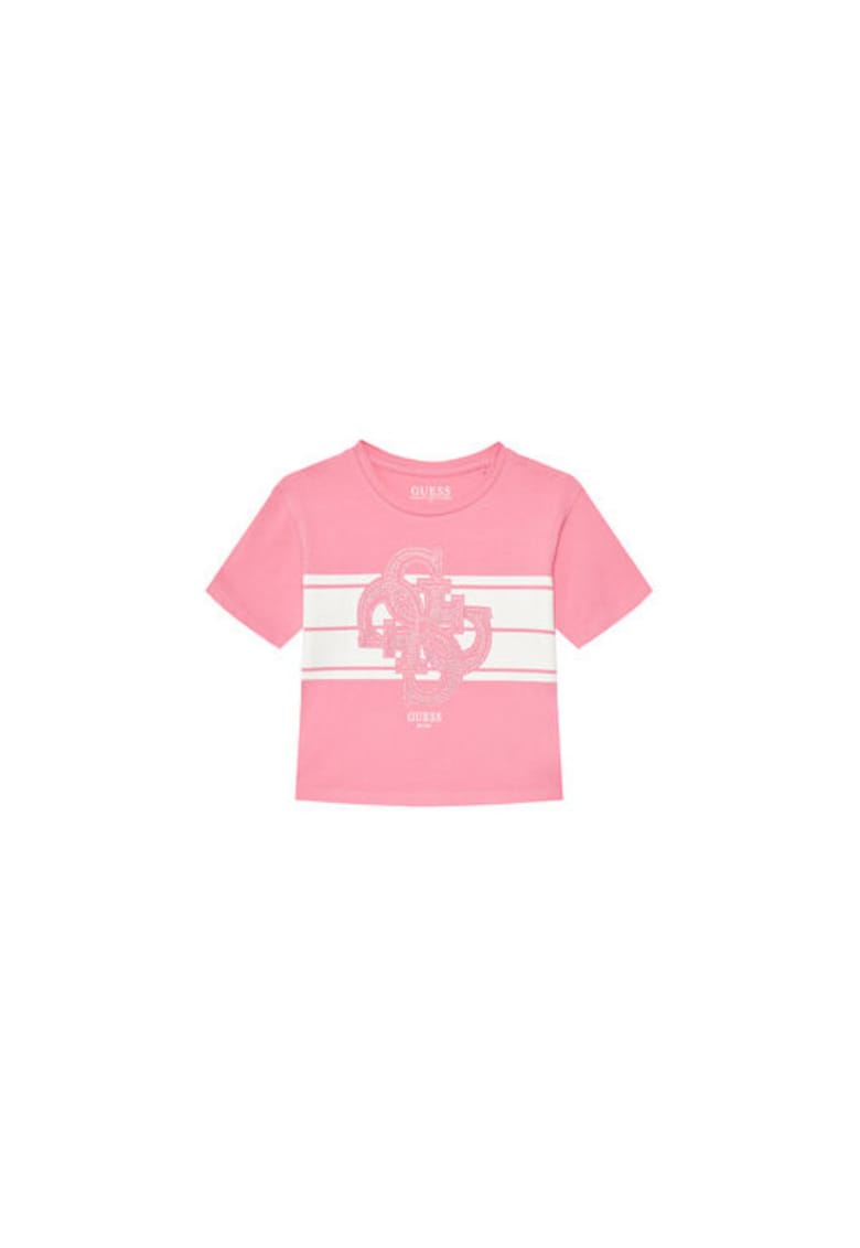 Tricou din amestec de bumbac organic cu logo din strasuri - Roz