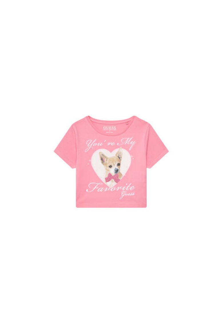 Tricou din amestec de bumbac organic cu decolteu rotund si imprimeu catel