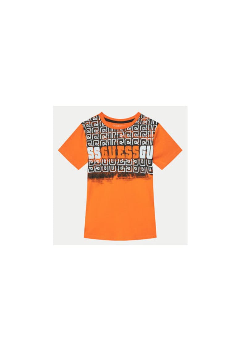 Tricou bumbac cu imprimeu logo si decolteu la baza gatului - Portocaliu mandarina