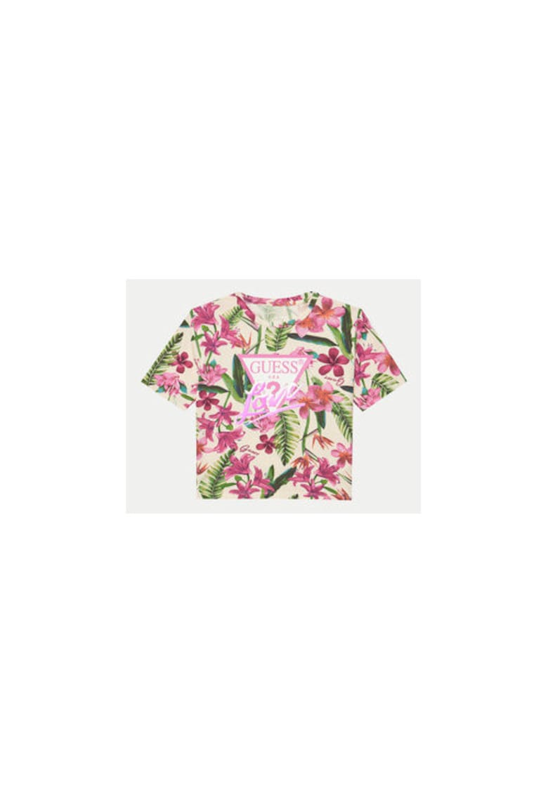 Tricou cu imprimeu tropical si decolteu la baza gatului