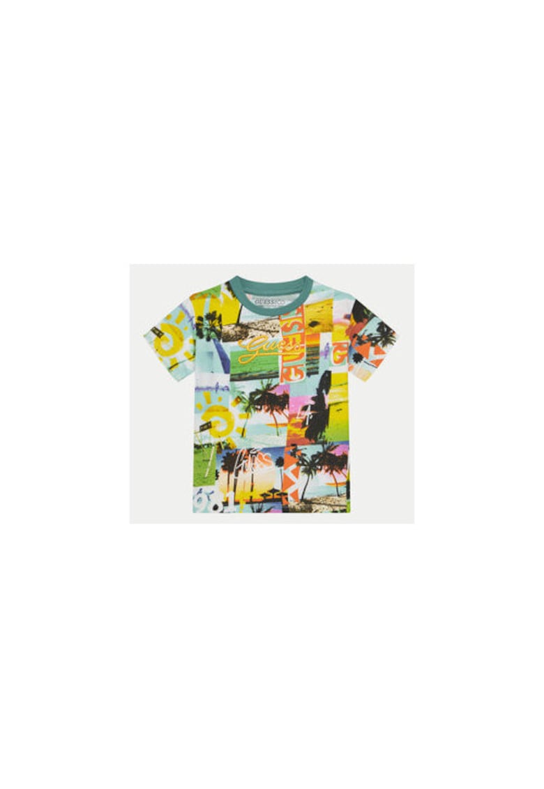 Tricou cu decolteu rotund si imprimeu tropical