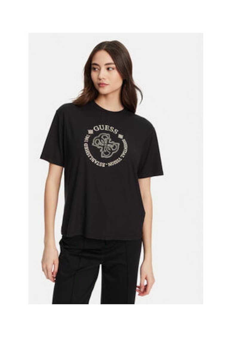Guess Tricou uni regular fit din viscoza cu logo brodat