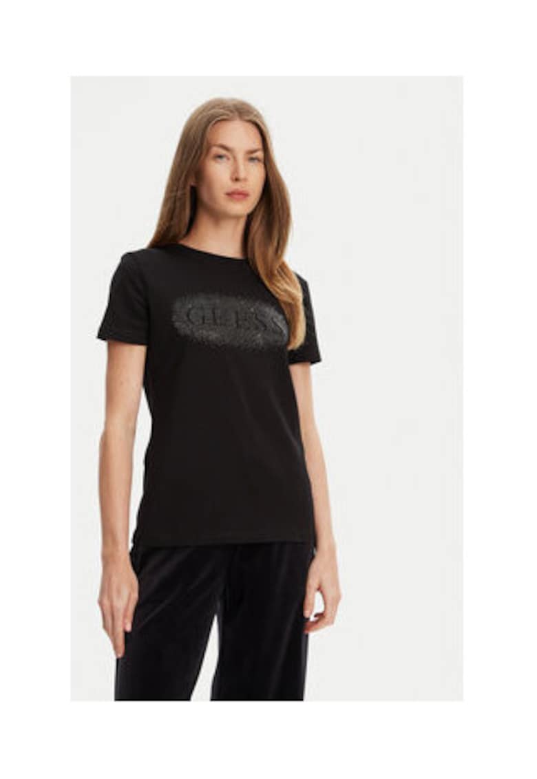 Guess Tricou regular fit din amestec de bumbac cu strasuri si logo pe piept