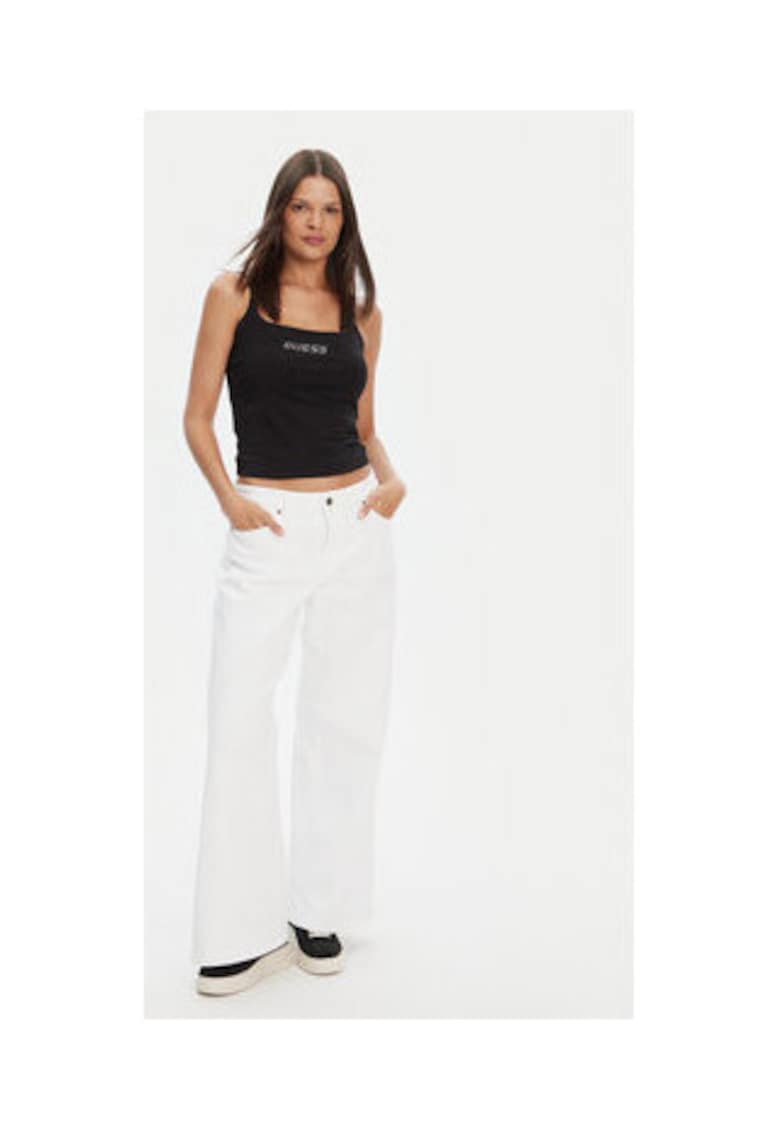 Top din amestec de bumbac cu logo din strasuri - decolteu patrat si bretele inguste