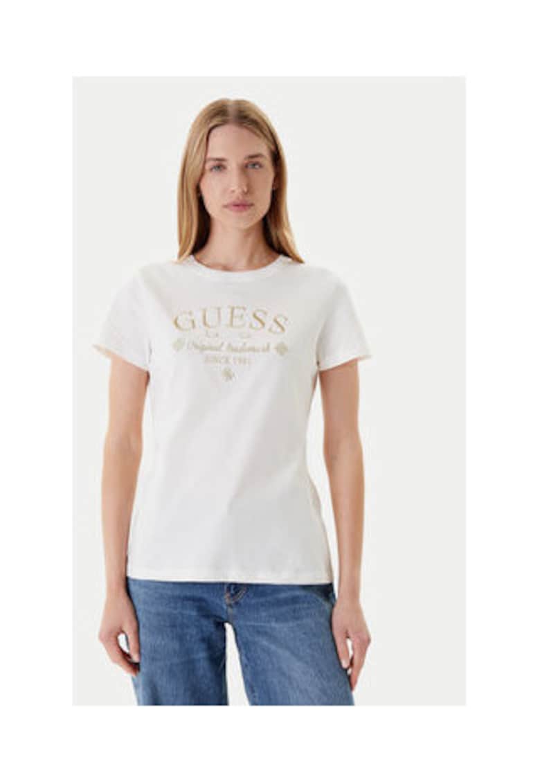 Guess Tricou din bumbac cu decolteu la baza gatului si logo frontal