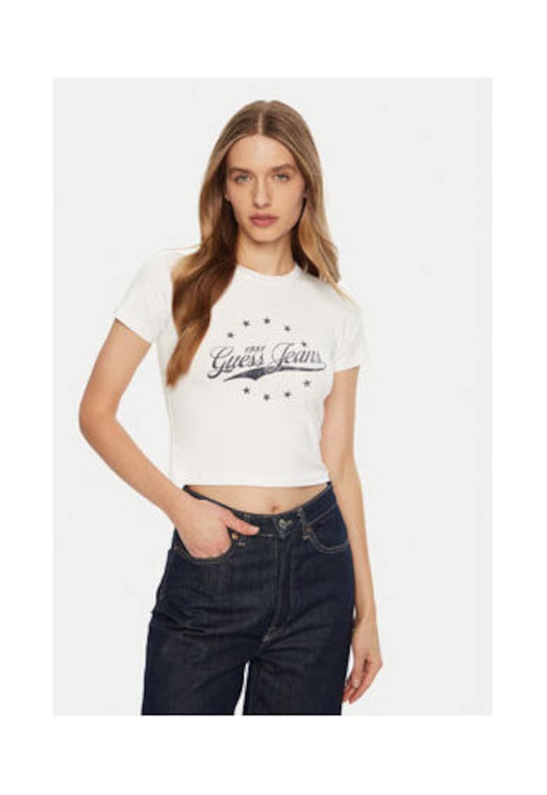 Guess Jeans Tricou crop cu print logo. - Alb