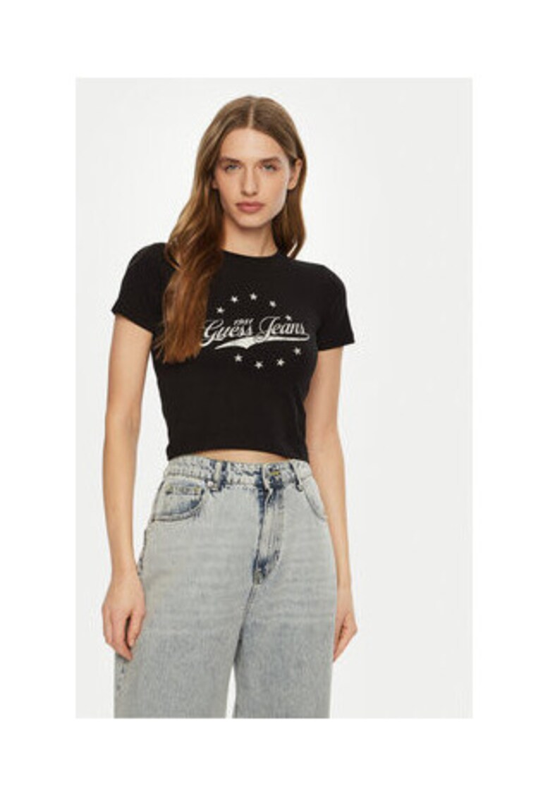 Tricou crop cu print logo. - Negru