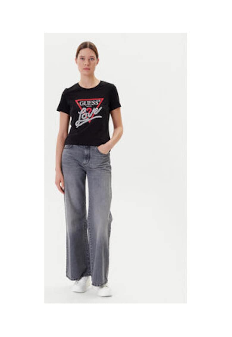 Tricou din amestec de bumbac organic logo si decolteu la baza gatului