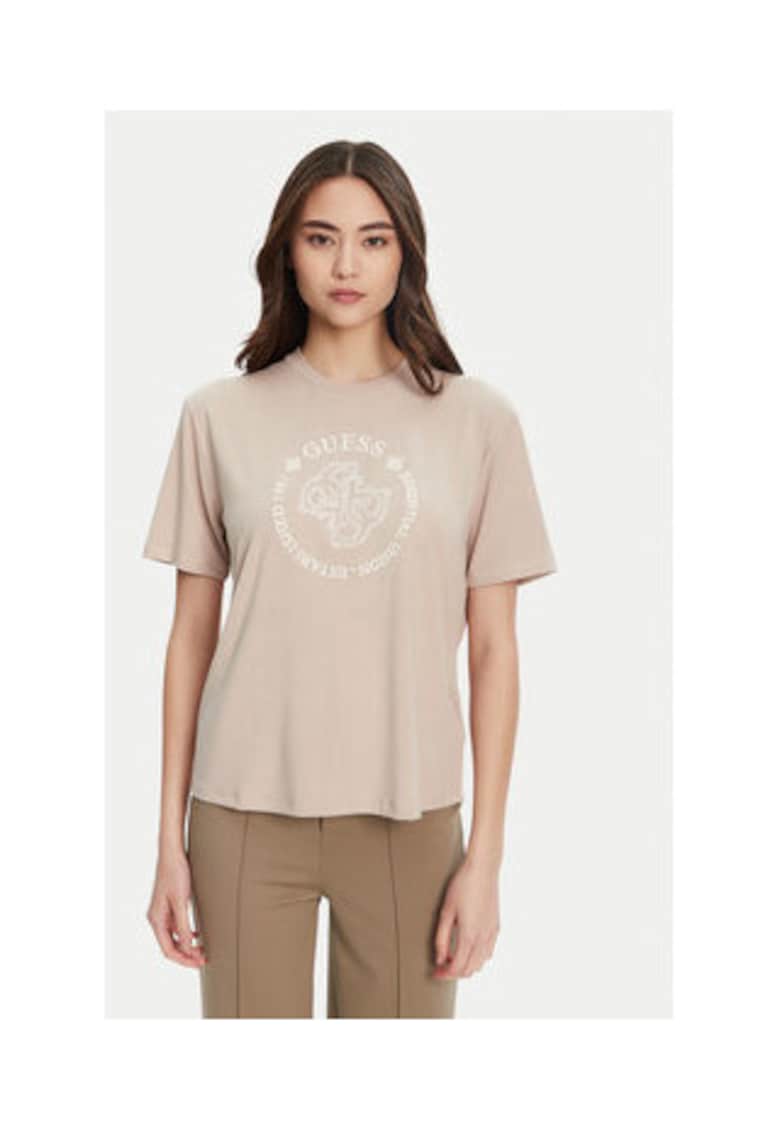Tricou regular fit din viscoza cu decolteu la baza gatului si logo brodat pe piept