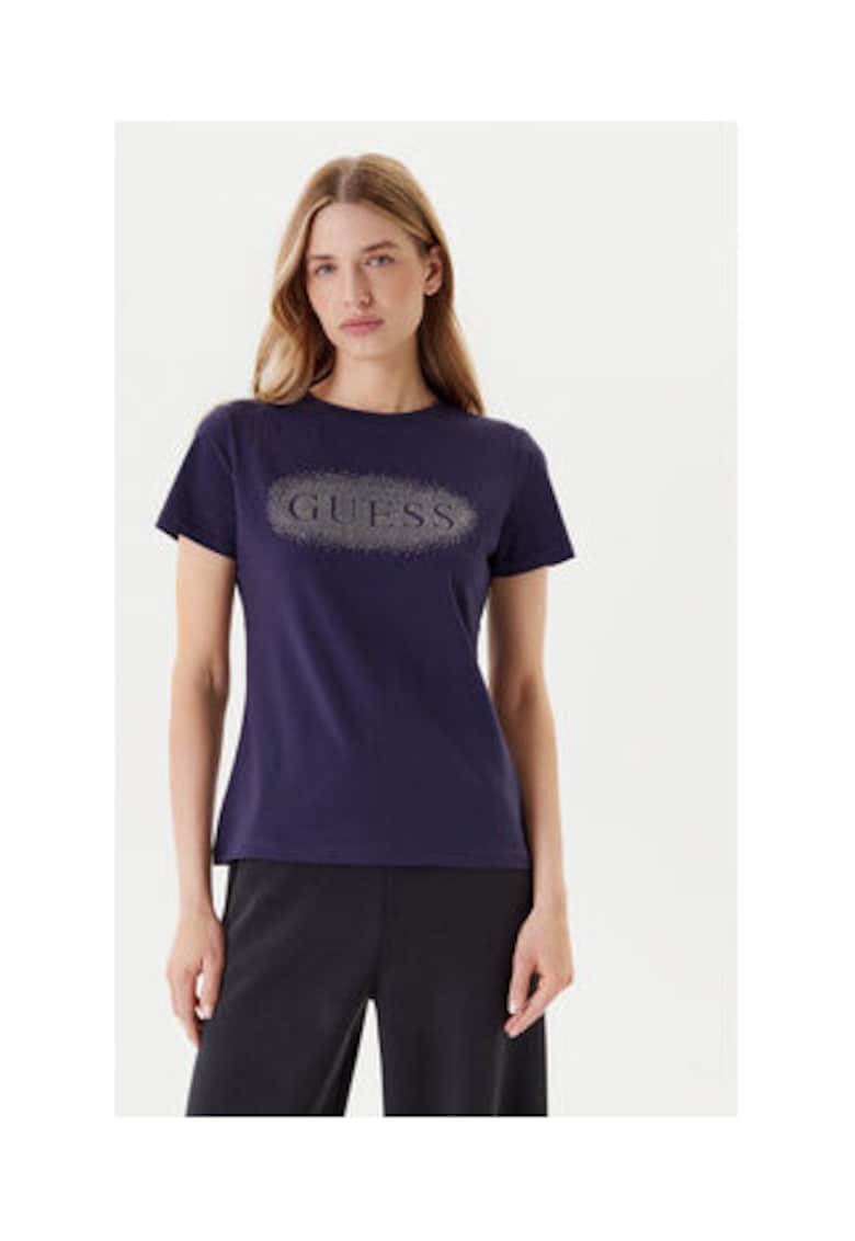 Guess Tricou regular fit uni din amestec de bumbac cu strasuri si logo pe piept