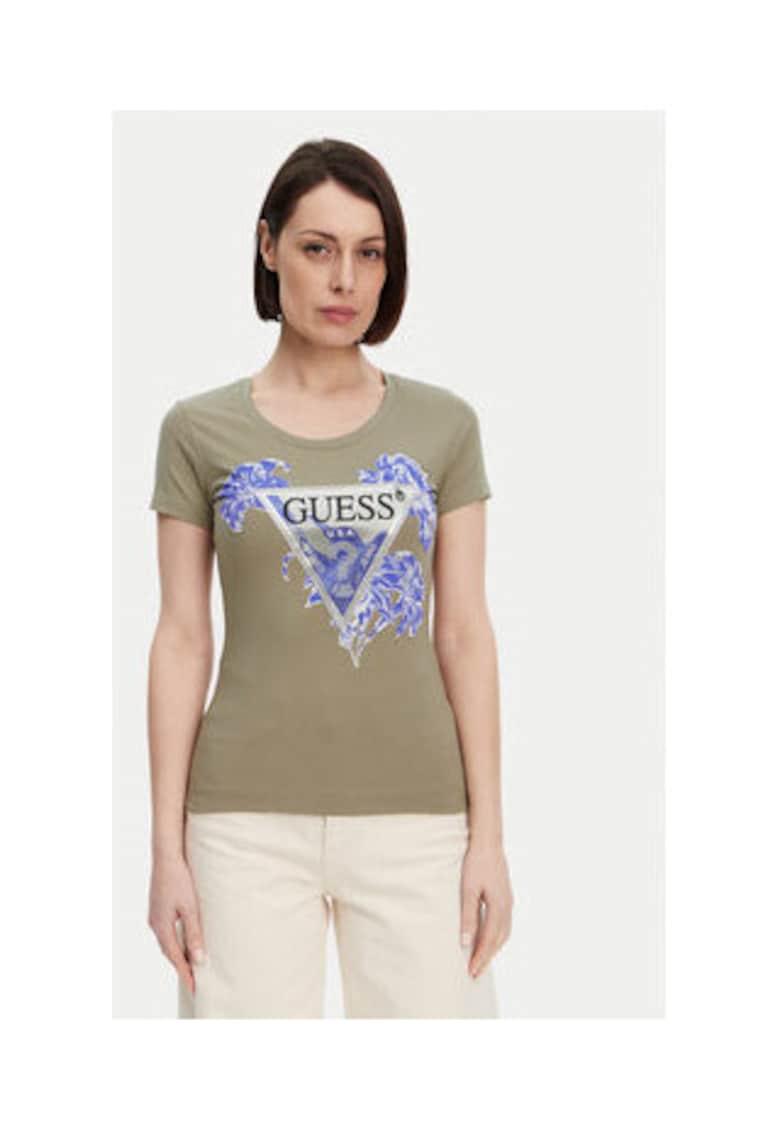 Guess Tricou de din amestec de bumbac organic cu logo si flori
