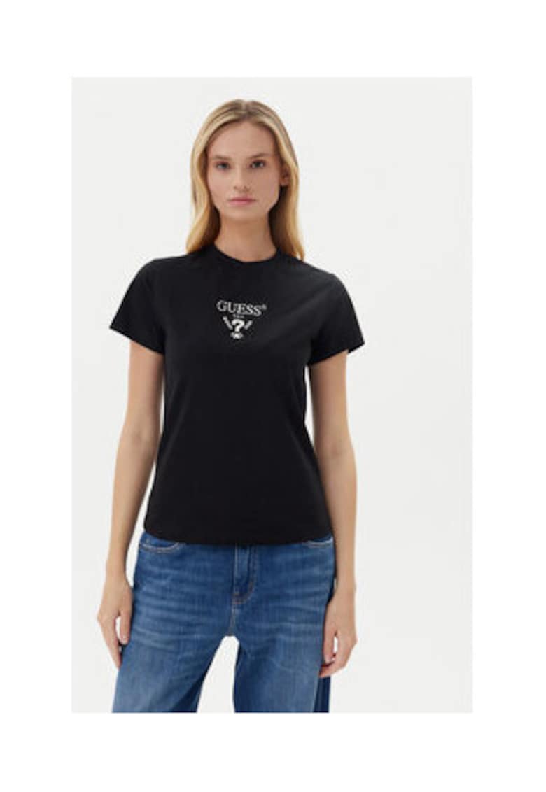 Tricou slim fit din amestec de bumbac cu logo pe piept si decolteu la baza gatului