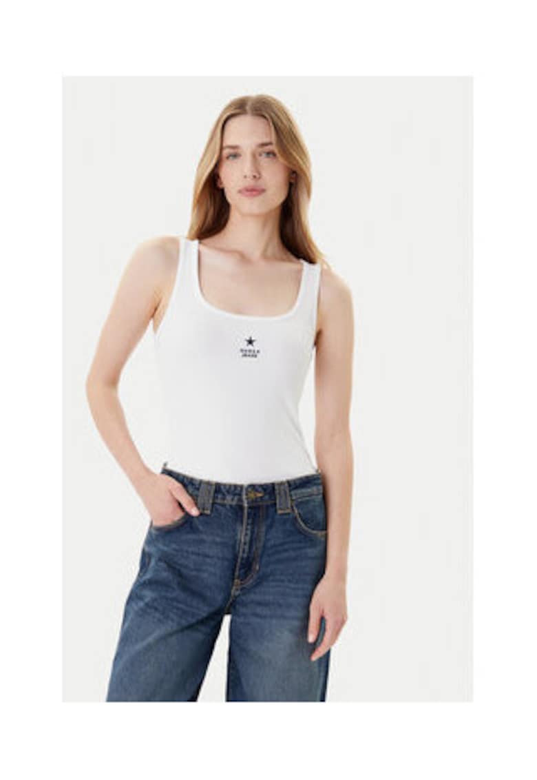 Guess Jeans Top din amestec de bumbac cu bretele late si decolteu la baza gatului