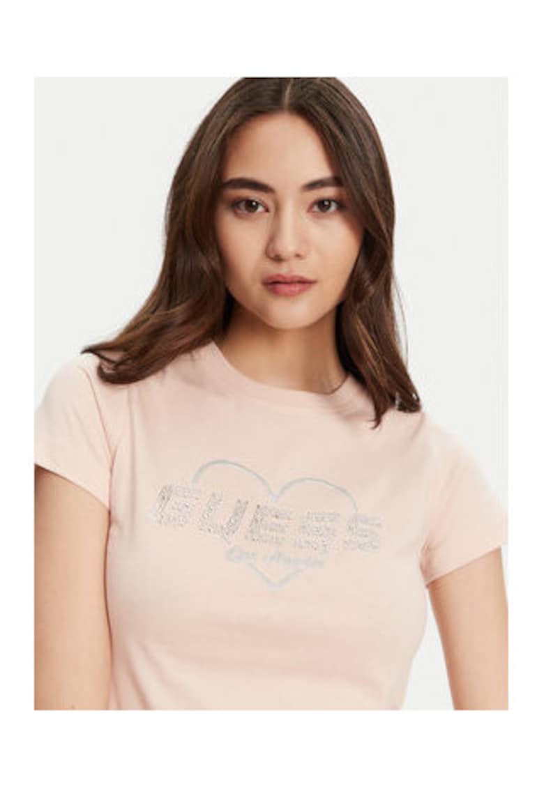 Guess Tricou cu imprimeu inima si strasuri - Roz pal
