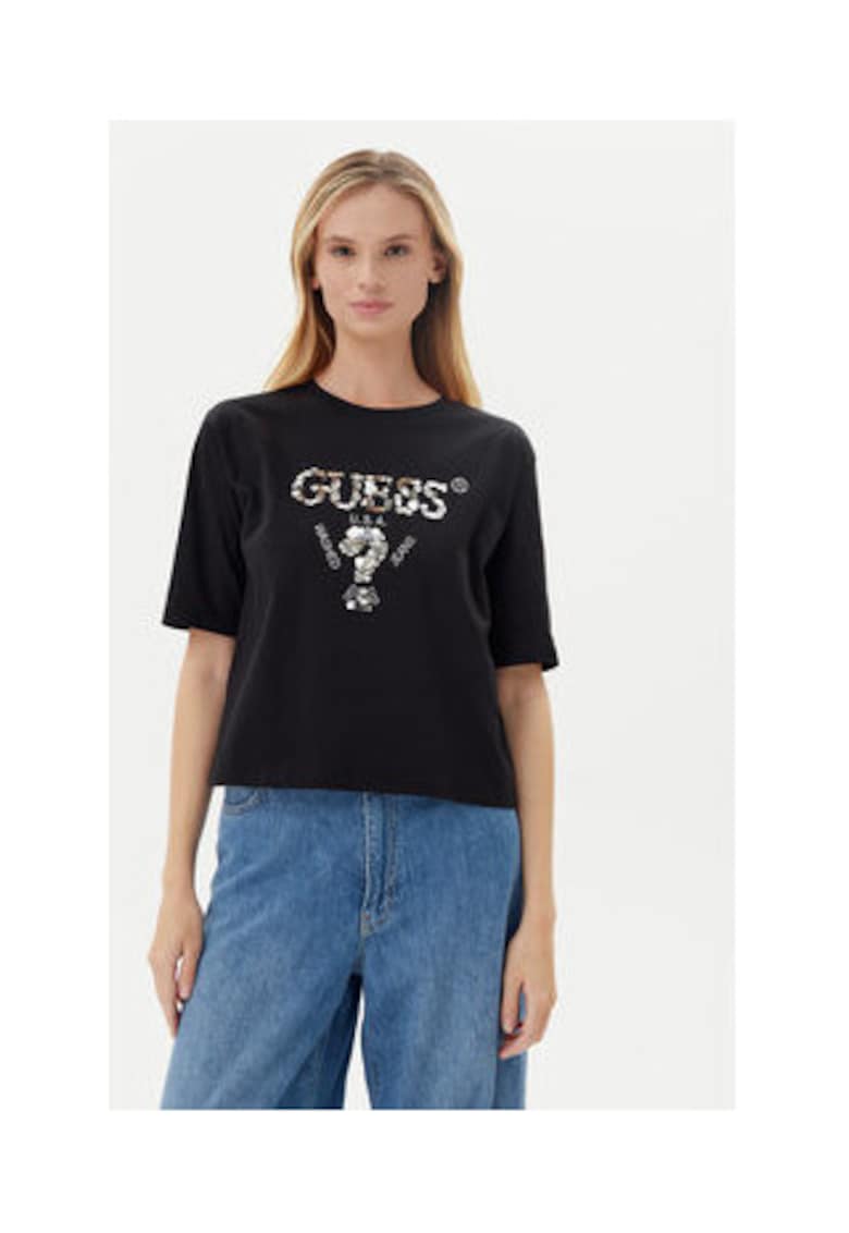 Tricou din bumbac cu logo din paiete