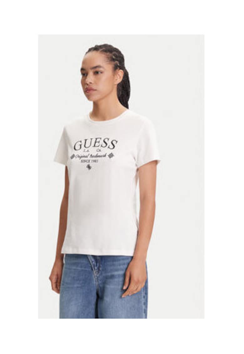 Tricou din bumbac cu logo frontal - terminatie striata si decolteu la baza gatului