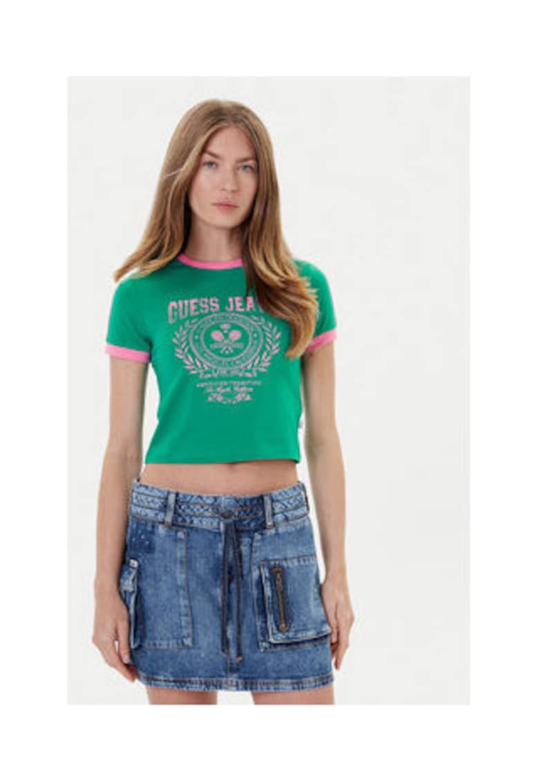 Guess Jeans Tricou crop din amestec de bumbac organic cu imprimeu