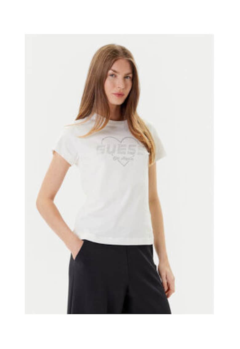 Guess Tricou cu imprimeu inima si strasuri - Ecru