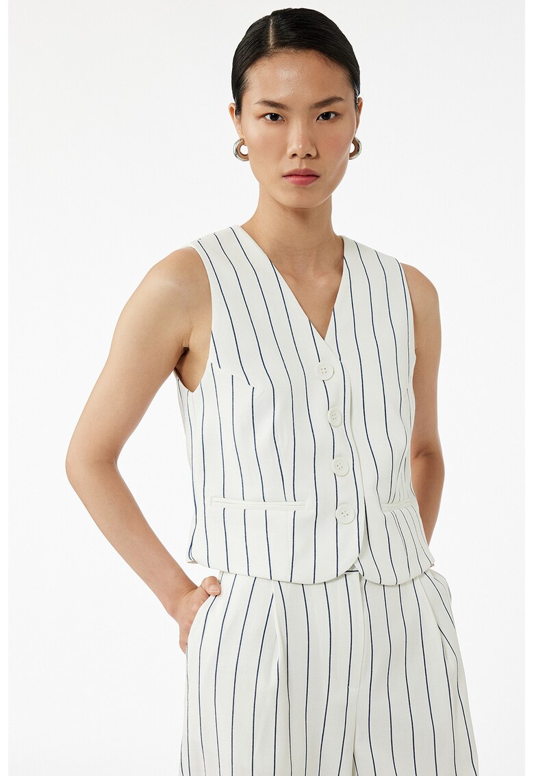 Sacou cu nasturi si model in dungi - fara maneci - Alb fildes/Bleumarin