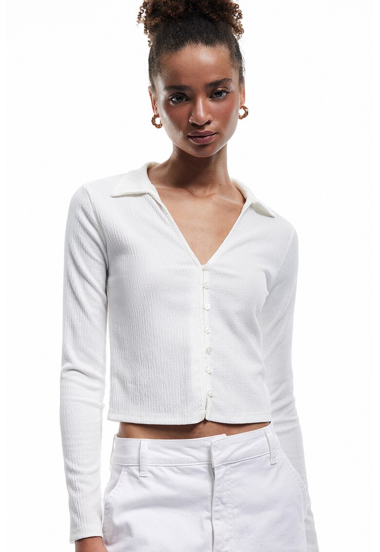 Bluza crop cu decolteu in V - Alb murdar