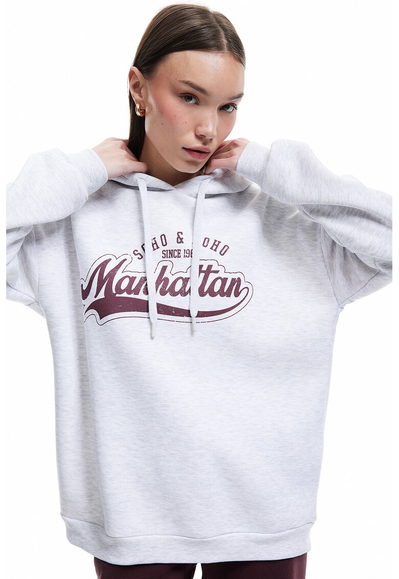 Hanorac supradimensionat cu imprimeu contrastant - Gri deschis/Rosu inchis