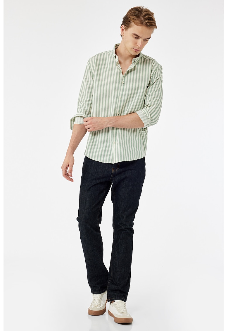 Camasa din amestec de bumbac cu dungi - Alb fildes/Verde aquamarin