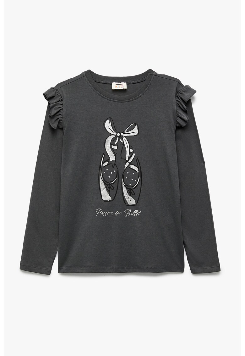 Bluza din bumbac cu imprimeu grafic si detalii cu volane - Alb/Gri antracit