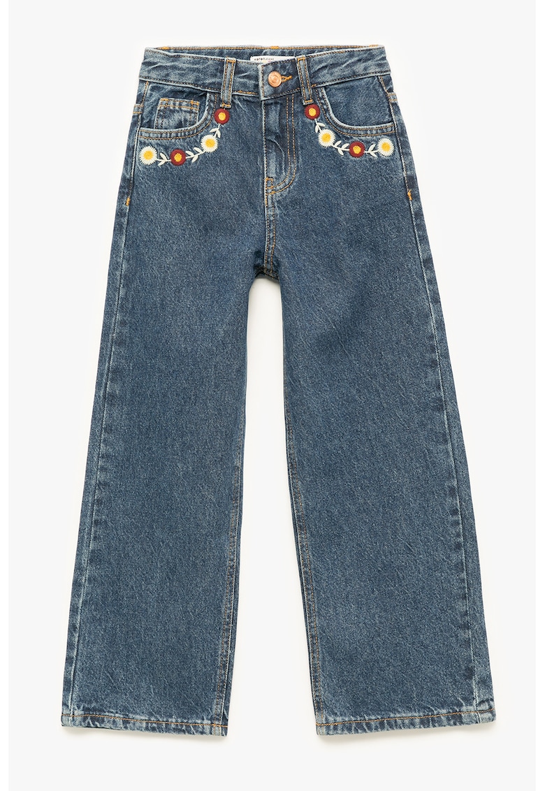 Blugi cu croiala ampla si detalii cu broderie florala - Albastru melange