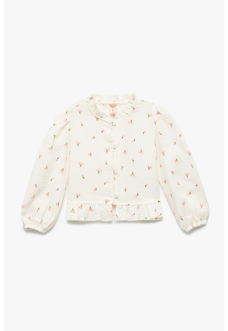 Camasa cu model floral si decolteu cu volane - Verde/Bej/Roz