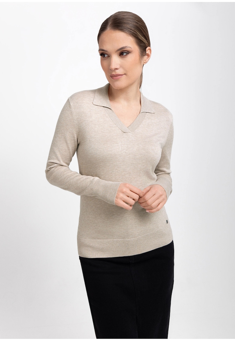 Pulover dama cu guler S-Toyo - decolteu in V - Slim Fit - bej melange