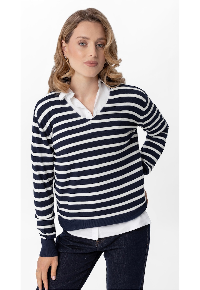 Pulover dama cu dungi S-Tola - decolteu in V - albastru marin