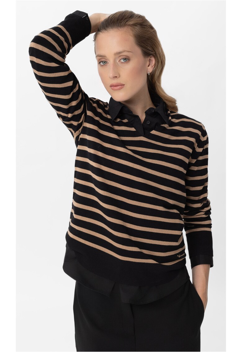 Pulover dama cu dungi S-Tola - decolteu in V - negru