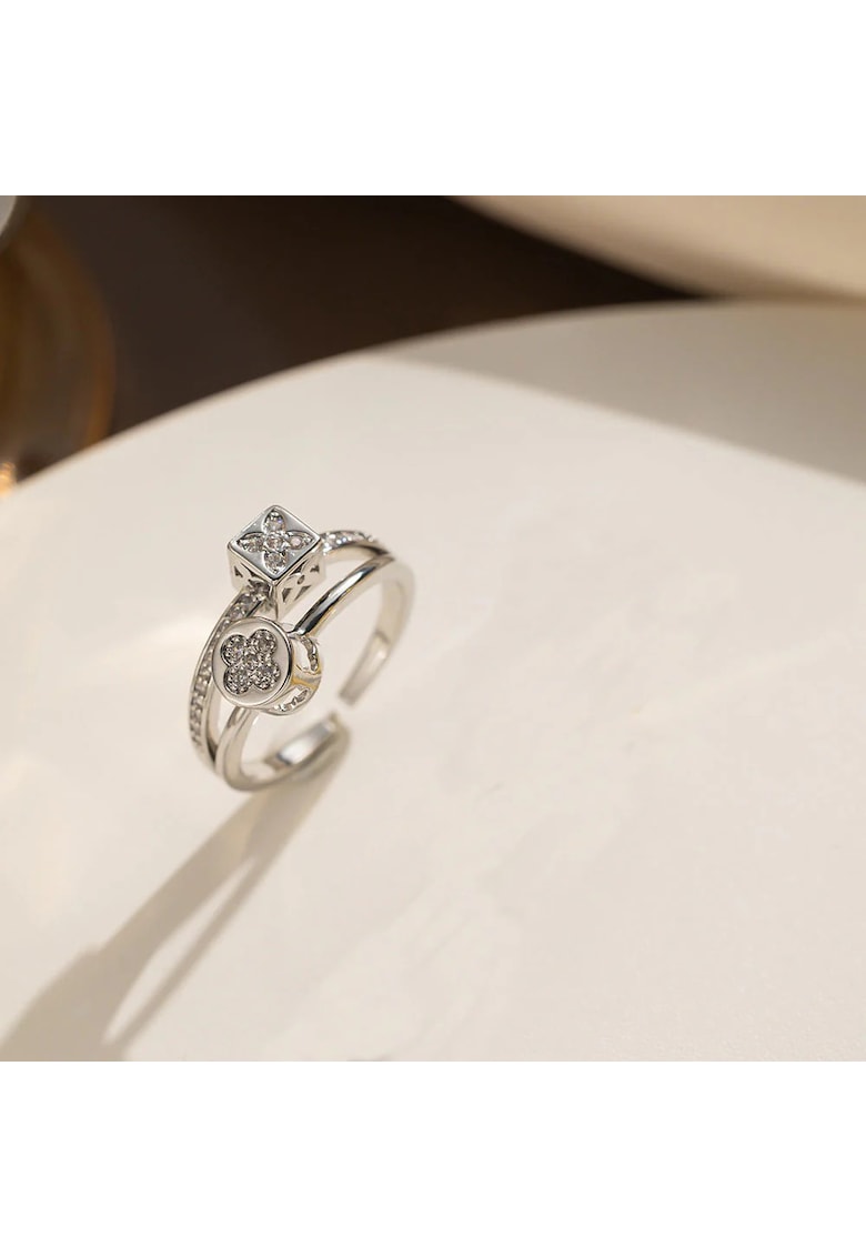 Inel argintiu - reglabil - din otel inoxidabil - suflat cu aur 18k - cu pietre din zirconiu - Oda C8