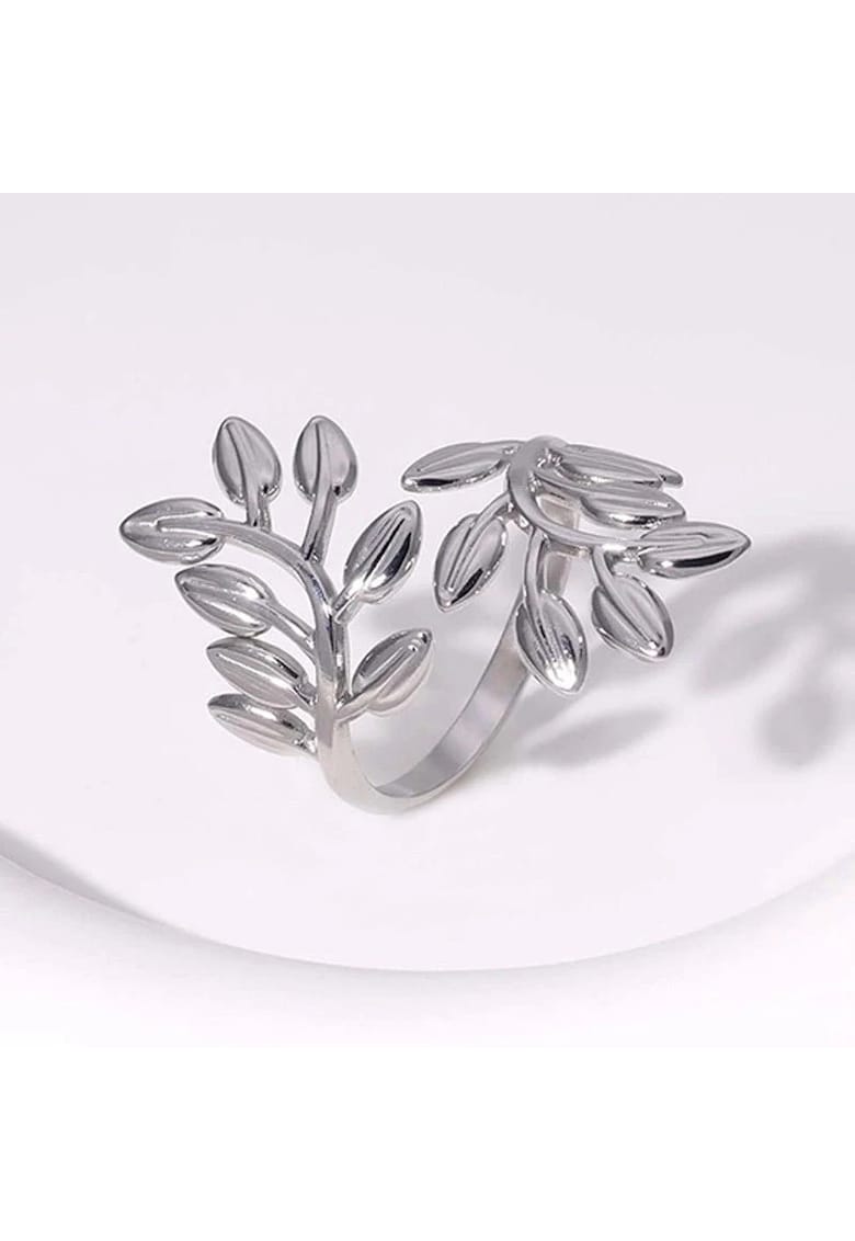 Inel argintiu - reglabil - din otel inoxidabil - suflat cu aur 18k - forma de frunzulite - Paige C8