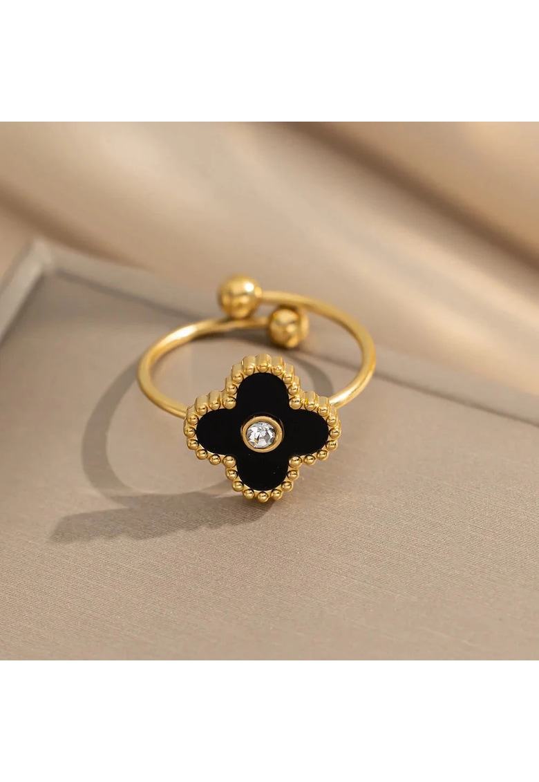 Inel auriu - reglabil - din otel inoxidabil - suflat cu aur 18k - forma de trifoi negru stilizat - Phoebe C8