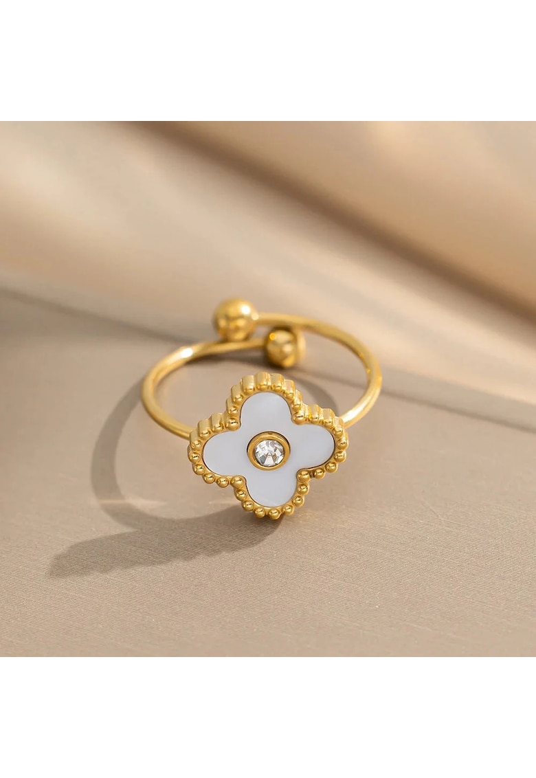 Inel auriu - reglabil - din otel inoxidabil - suflat cu aur 18k - forma de trifoi alb stilizat - Phelina C8