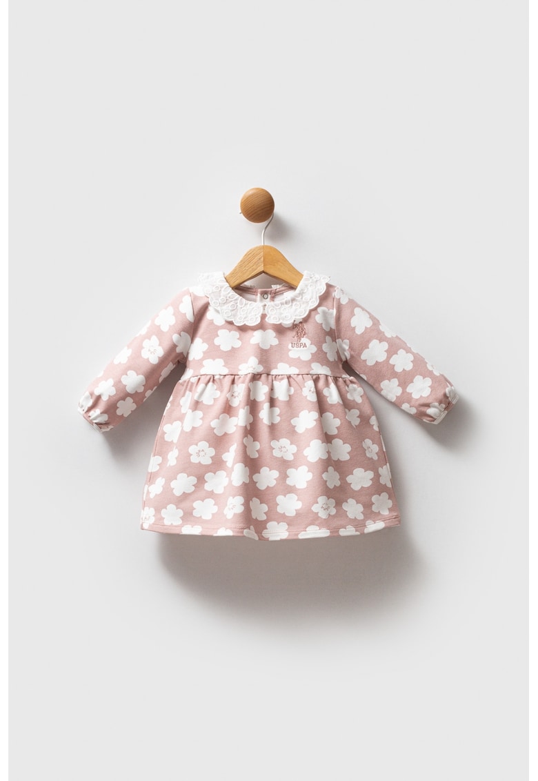 Rochie evazata cu model floral - Alb optic/Roz prafuit