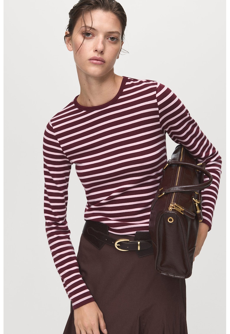 Bluza slim fit cu decolteu la baza gatului si model in dungi