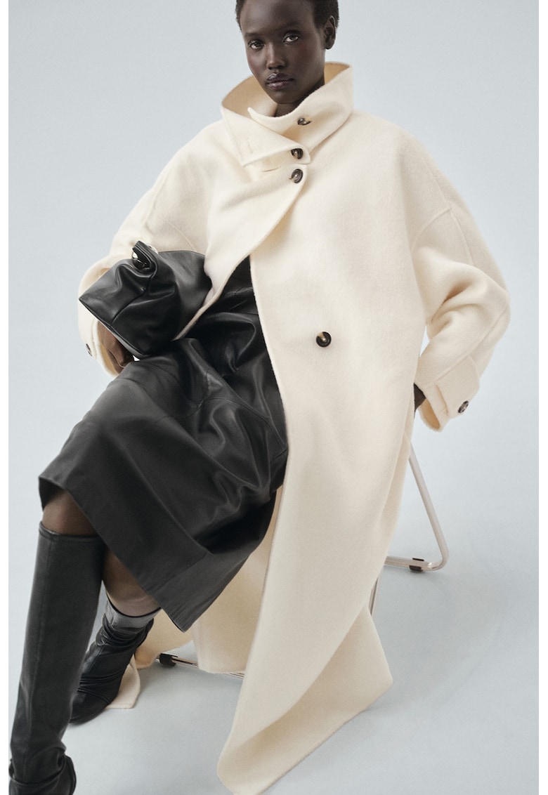 Palton supradimensionat din amestec de lana - Alb fildes