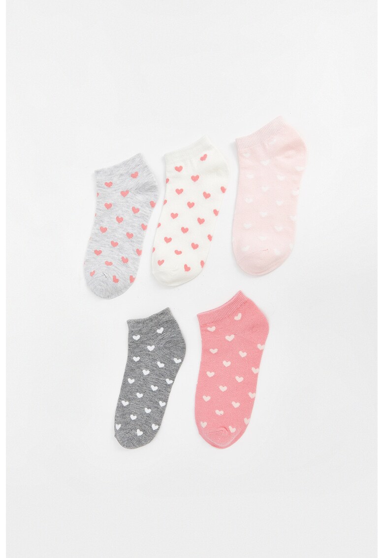 Set de sosete pana la glezna cu inimi - 5 perechi - Alb fildes/Gri/Roz