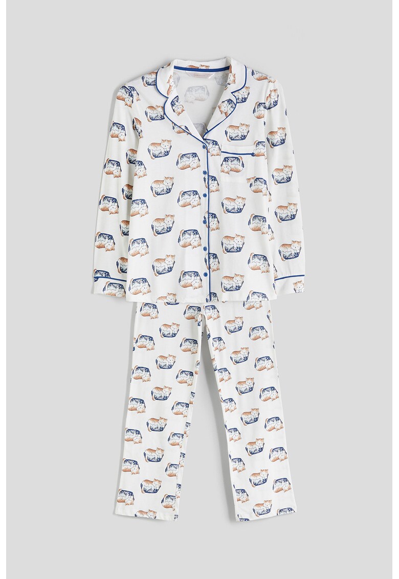 Pijama cu pantaloni lungi din bumbac si imprimeu - Alb/Maro/Albastru inchis