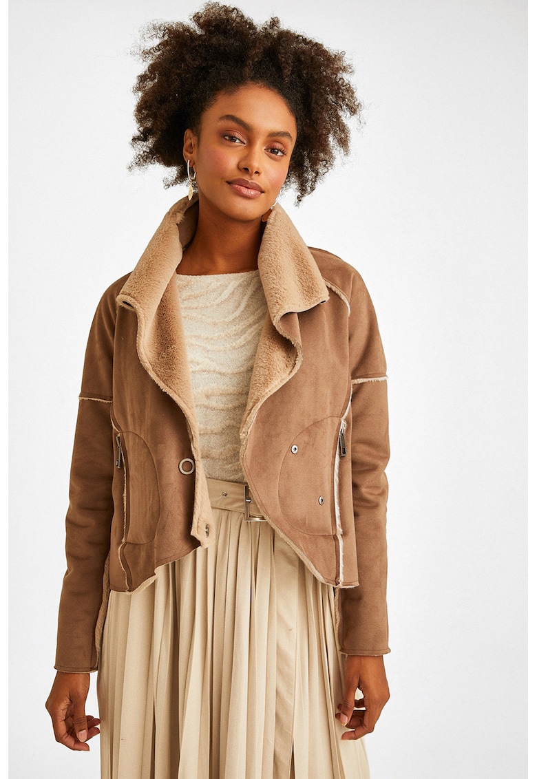 Jacheta din piele intoarsa ecologica cu detalii din material teddy