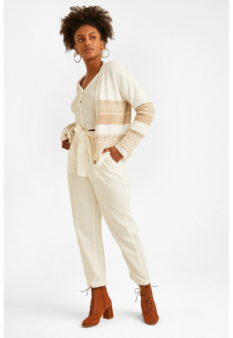 Pantaloni cu talie inalta si cordon - Alb murdar