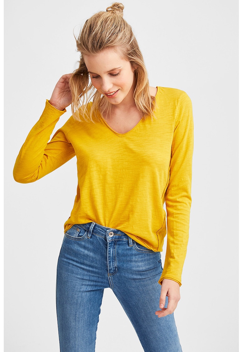 Bluza de bumbac cu decolteu in V - Galben sofran